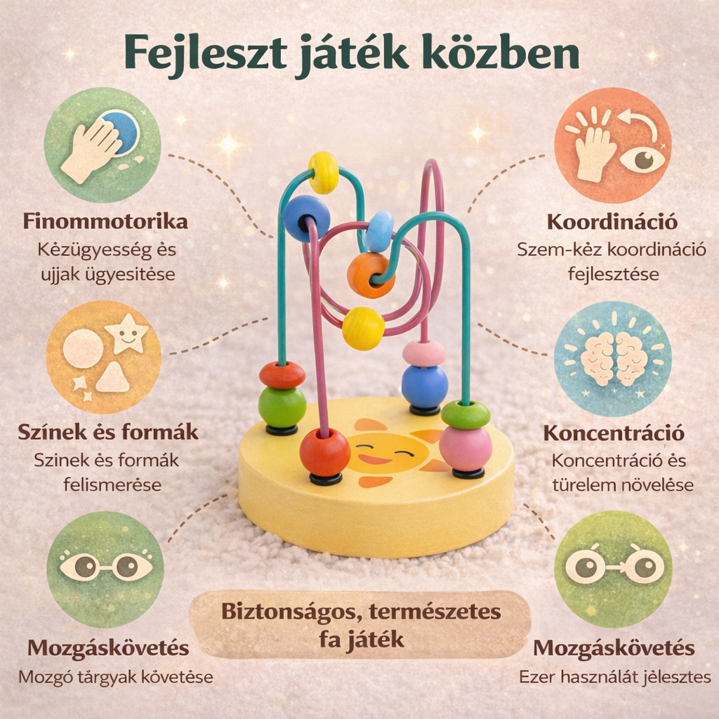 Fa golyóvezető játék – fejlesztő hatások infografika