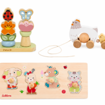 Első felfedezések 3 részes fa fejlesztő játékcsomag PolarB Montessori játékkal, húzogatós tyúkanyóval és Eichhorn fogantyús puzzle-lel