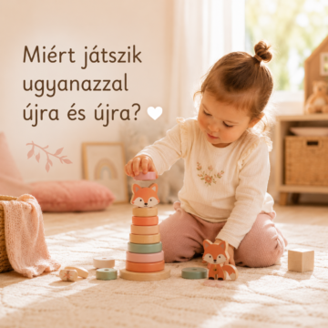 Kisgyermek pasztell gyerekszobában a PolarB rókás fa toronyépítővel játszik, miközben újra felépíti a tornyot. A képen a „Miért játszik ugyanazzal újra és újra?” felirat látható.