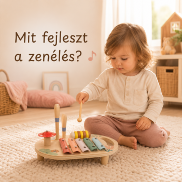 Kisgyermek multifunkciós hangszer asztallal zenél egy világos gyerekszobában – mit fejleszt a zenélés kisgyermekkorban?