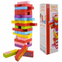 3 játék 1-ben toronyépítő, dominó és memóriajáték színes faelemekkel