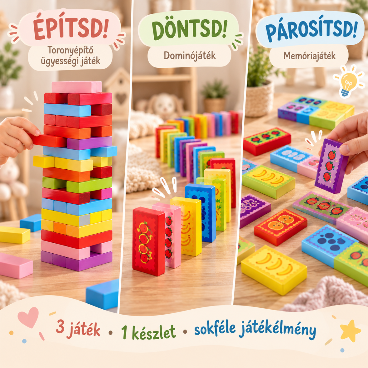 3 játék 1-ben – építsd, döntsd, párosítsd