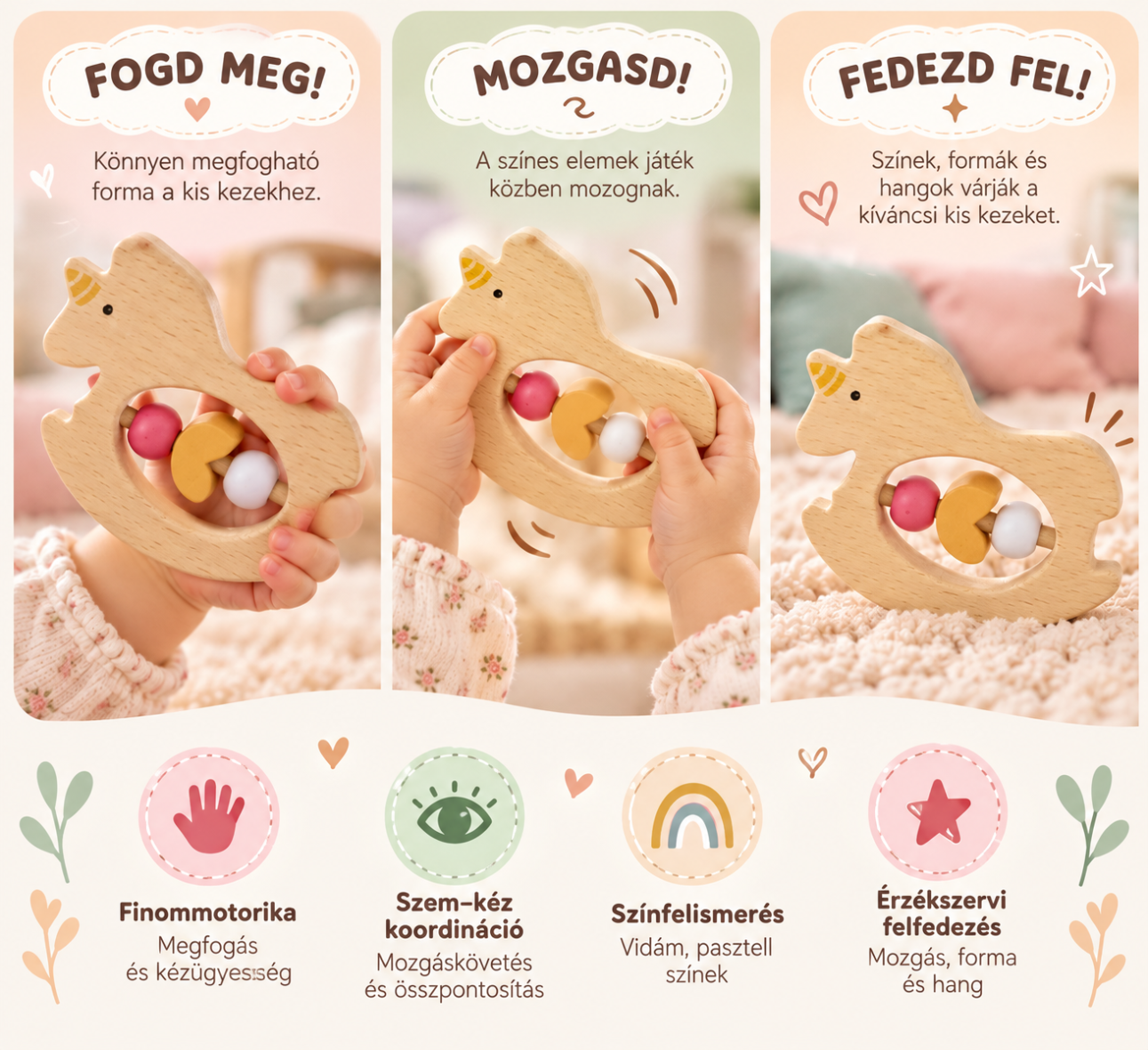 Unikornis fa csörgő – fogd meg, mozgasd, fedezd fel