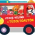 Utazz velünk a tűzoltóautón hangmodulos gyermekkönyv piros tűzoltóautó alakú borítóval, színes állatfigurákkal, fehér háttéren.
